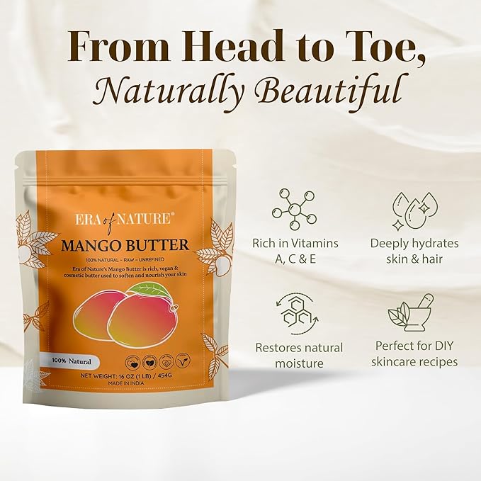 era of nature Organic Unrefined Raw Mango Body Butter Block 16oz - Moisturizing Mango Seed Raw Butter Bar for Skin & Hair, DIY Lip Balm Base, Cream, Soap & Lotion Making Supplies, Personal Skincare-FemmiqueWomen
