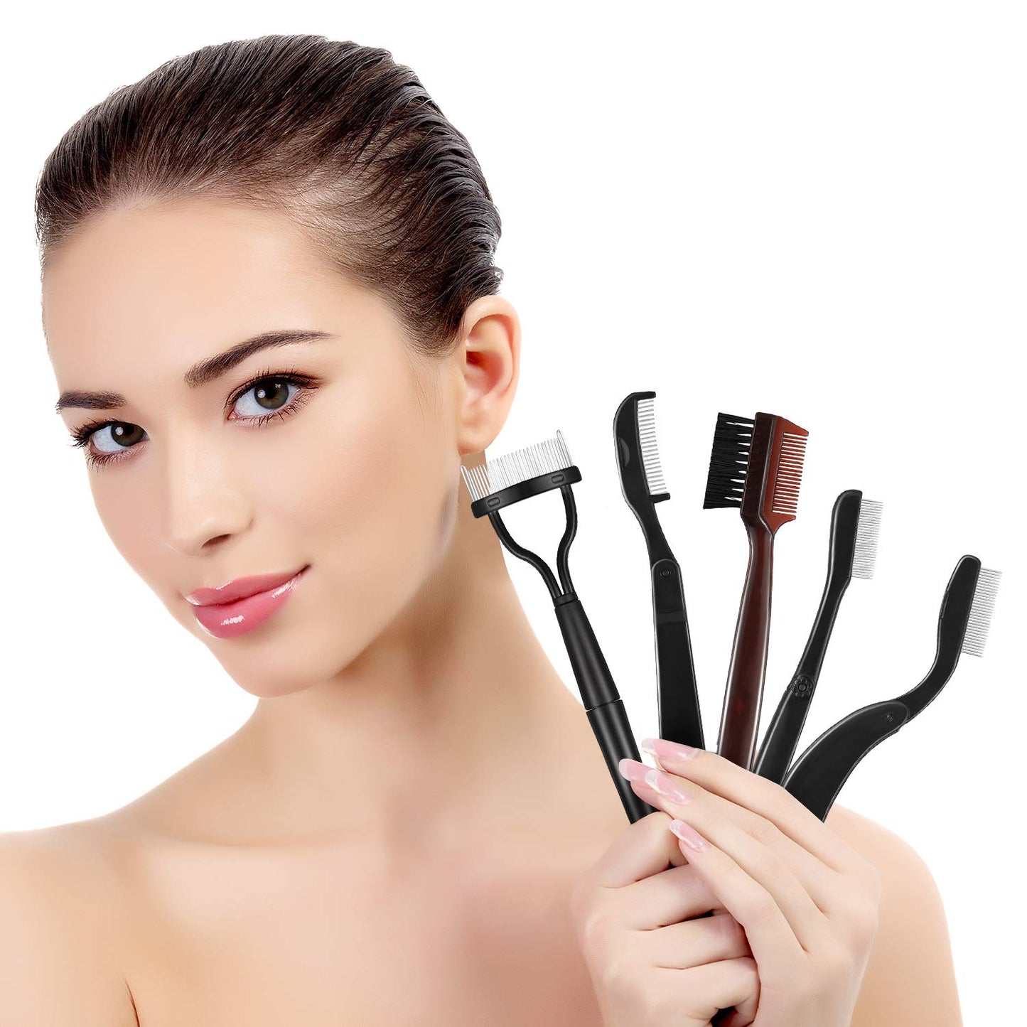 Hicarer 5 Pieces Folding Eyebrow Comb Stainless Steel Grooming Brush and Eyelash Separator Mascara Applicator with Storage Bag for Making Up Supplies-FemmiqueWomen