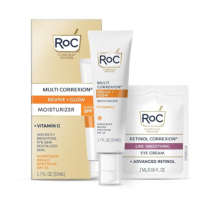 RoC Multi Correxion Revive + Glow Vitamin C Sunscreen Broad Spectrum SPF 30 Face Moisturizer (1.7 oz) with Retinol Eye Cream Packette-FemmiqueWomen