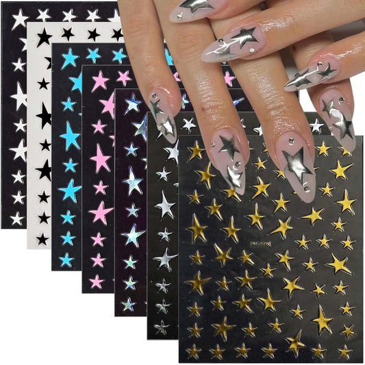 14 Sheets Star Nail Stickers 3D Glitter Nail Decals Gold White Blue Pink Silver Black Stars Nail Art Stickers Geometry Star Nail Sticker Nail Art for Women DIY Manicure Decorations-FemmiqueWomen