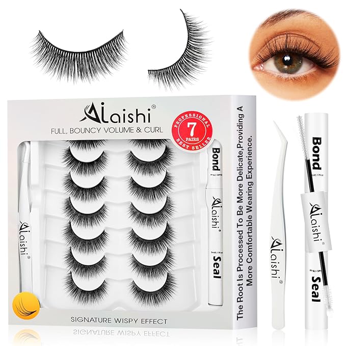 Wispy False Eyelashes Kit With Bond, Seal and Tweezer, 7 Pairs Natural Look Fake Cat Eye Lashes Strips Thin Band Extensions Waterproof Easy Eyelashes for Beginners RQ11-FemmiqueWomen