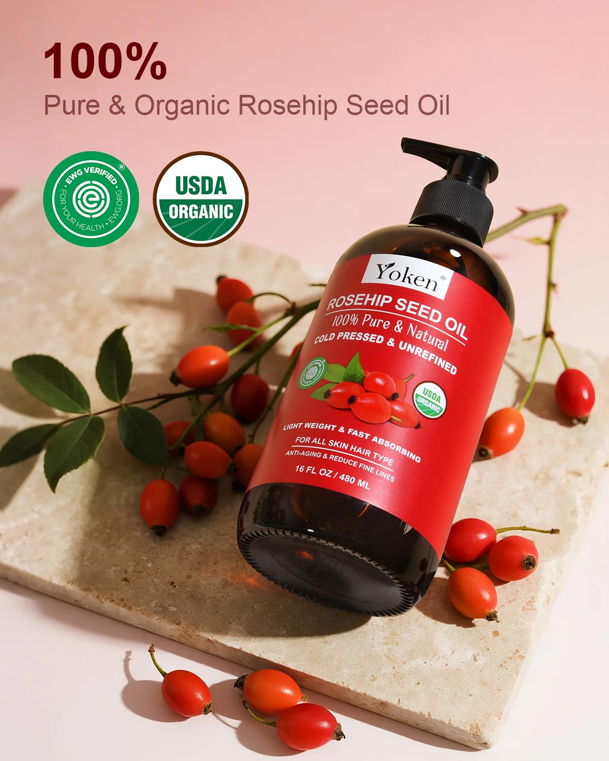 Organic Rosehip Seed Oil, USDA 100% Pure Rosehip Oils for Face, Hair & Body, Large Glass Bottle 16 fl oz Cold Pressed Rose Hip Oil for Skin Care, Moisturizing, Massage, Gua Sha & DIY Blends-FemmiqueWomen