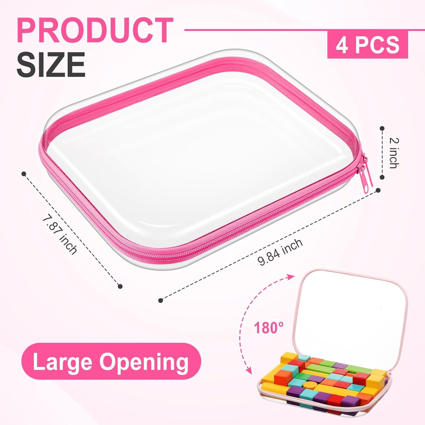 Hoolerry 4 Pcs Hard Clear Zipper Case Makeup Bags Plastic Pencil Pouch Transparent Storage Box Containers for Cosmetics, Snacks, Building Blocks, Puzzles(Pink,9.8 x 7.9 x 2 in)-FemmiqueWomen