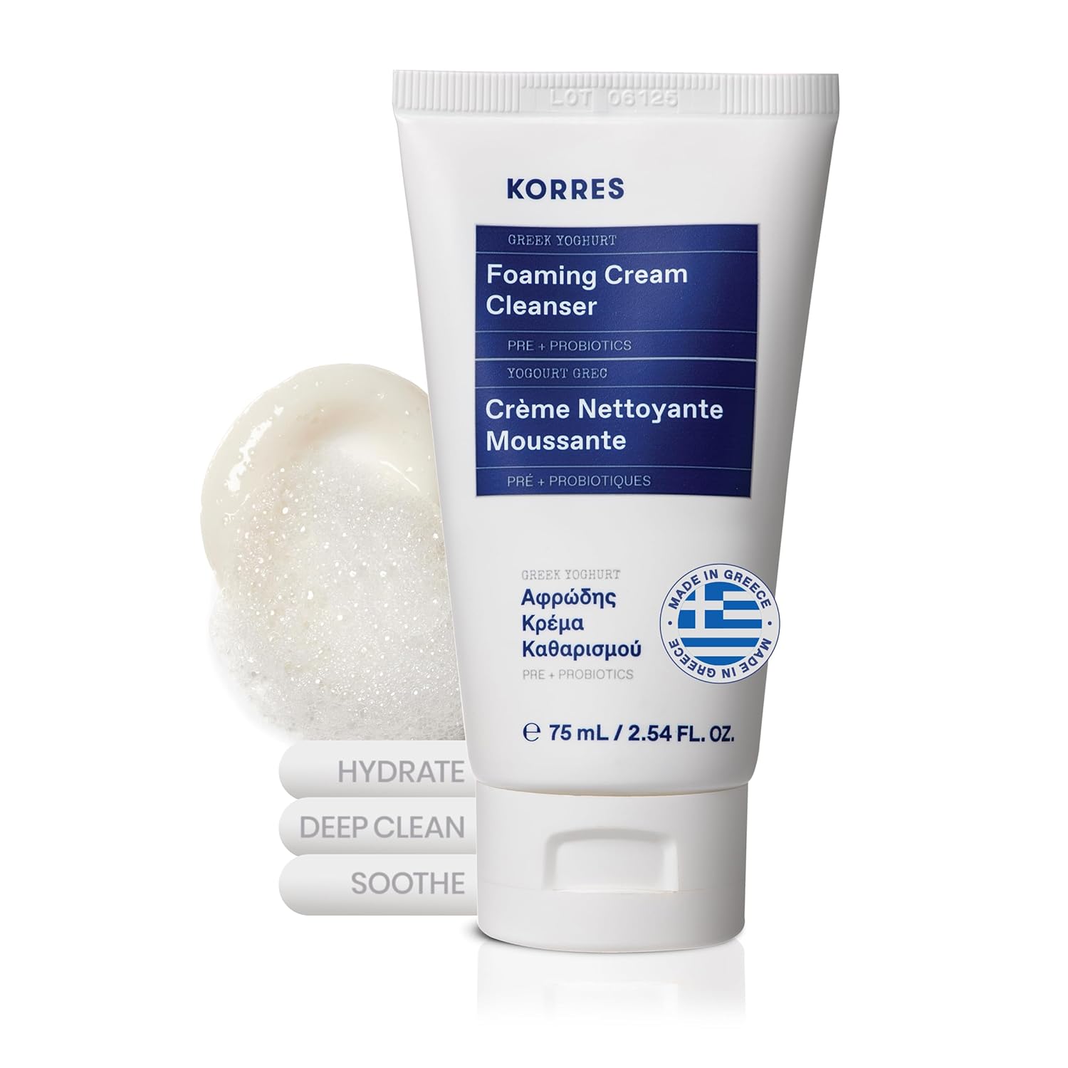 KORRES Greek Yoghurt Foaming Cream Cleanser, Hydrating, Deep Cleansing Skin Care, Makeup Remover, Face Wash for Women, Cream to Foam Facial Cleanser for Dry, Oily, Sensitive, Any Skin Type, 2.5 fl oz-FemmiqueWomen
