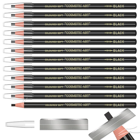 12 Piece Black Colour Waterproof Eyebrows Pencil Tattoo Makeup And Microblading Supplies Kit-Permanent Eye Brow Liners In Waterproof Eyebrow Pencils Peel - Brow Pencil Set For Marking(12 Pcs)-FemmiqueWomen