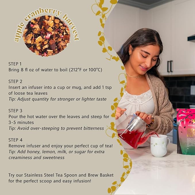 Apple Cranberry Harvest Tea, Organic Loose Leaf Herbal Tea – Real Fruit, Summer Juice, Caffeine-Free, Refreshing Sweet Iced Drink – 4 oz Resealable Bag (Makes 50 Cups)-FemmiqueWomen
