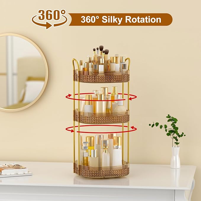 Rotating Makeup Organizer for Vanity 3 Tier, Perfume Organizer with Makeup Brush Holder, Large Capacity Cosmetics Clear Skincare Organizer for Countertop (Pink)-FemmiqueWomen