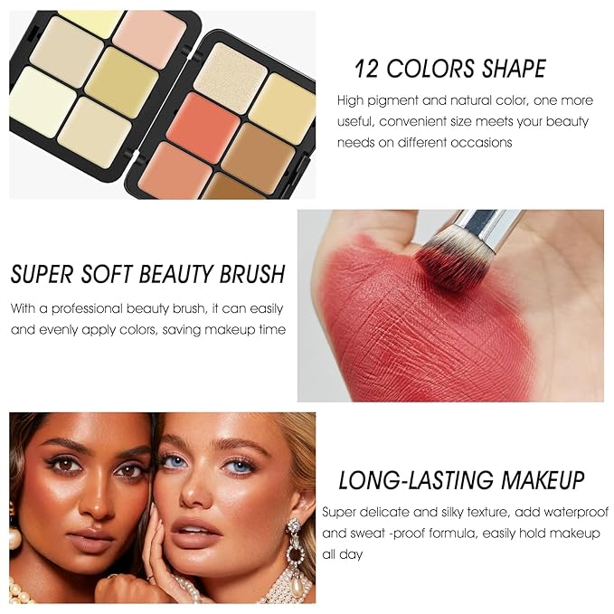 12 Colors Cream [Blush+Contour+Concealer+Highlighter] Makeup Palette for Cheeks - Multi-functional Makeup Palette with Brush, Natural Matte Long Wearing, Waterproof Face Makeup Palette (#04)-FemmiqueWomen