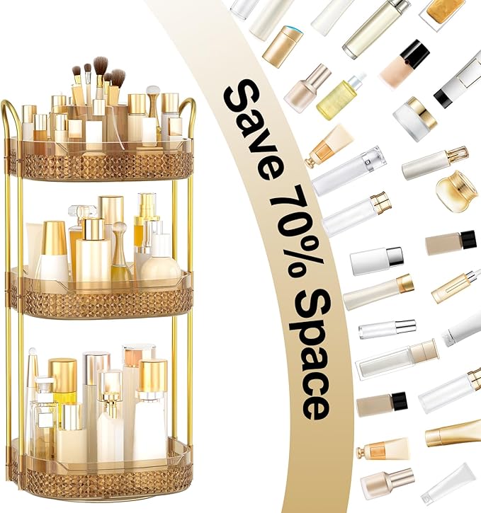 Rotating Makeup Organizer for Vanity 3 Tier, Perfume Organizer with Makeup Brush Holder, Large Capacity Cosmetics Clear Skincare Organizer for Countertop (Pink)-FemmiqueWomen