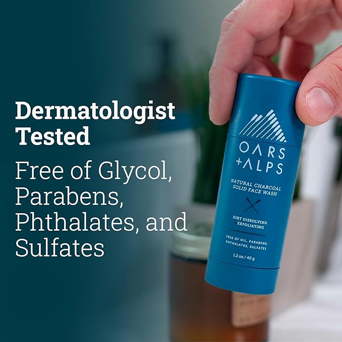 Oars + Alps Exfoliating Face Wash Stick, 2-in-1 Facial Cleanser & Exfoliant with Activated Charcoal, Alpine Moss, Dermatologist Tested, Spill Free, Travel Size, 1.2 Oz-FemmiqueWomen