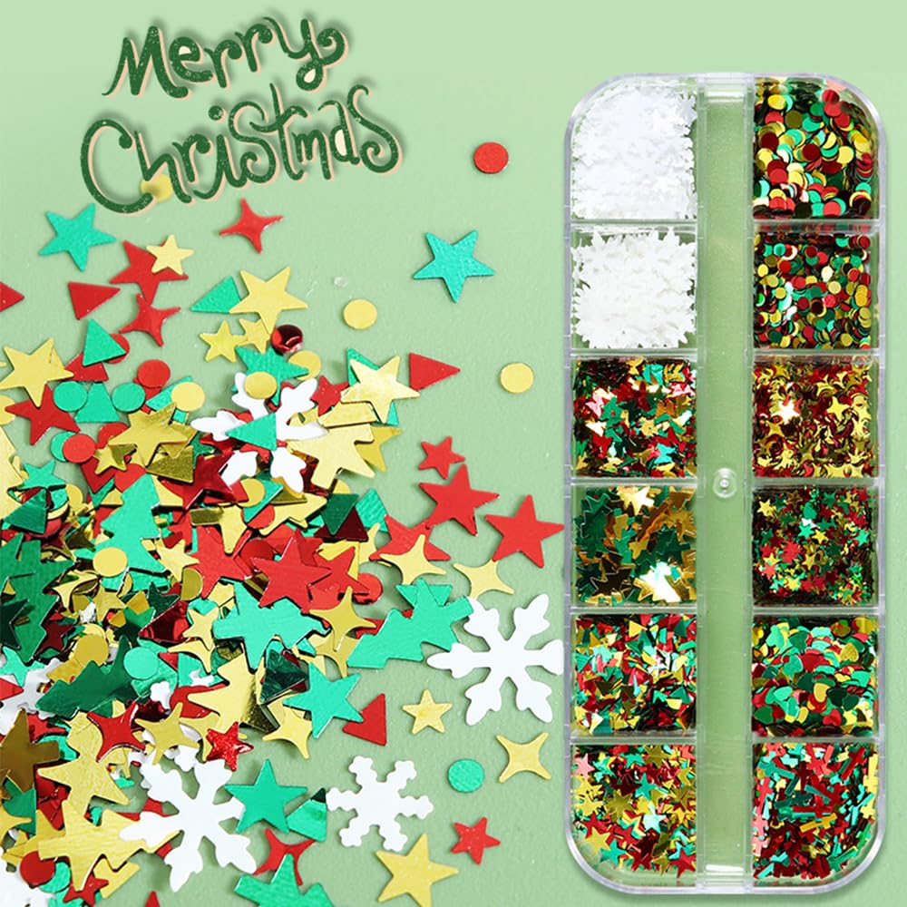 12 Grids Christmas Nail Art Sequins 3D Holographic Laser Snowflake Star Butterfly Winter Holiday Nail Glitters Red Green White Gold Nail Sparkly Flakes Nail Charms for DIY Christmas Nail Designs-FemmiqueWomen