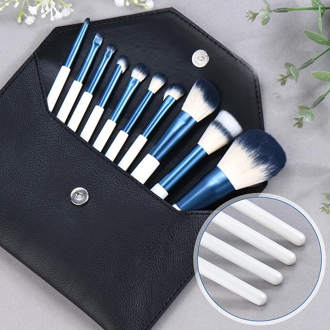 Makeup Brushes Set With Case 10Pcs White Makeup Brush Kit Foundation Eyeshadow Powder Blending Kabuki Eyebrow Eyelash Brushes Cosmetic Brush Travel Kit Gift (White+Blue)-FemmiqueWomen