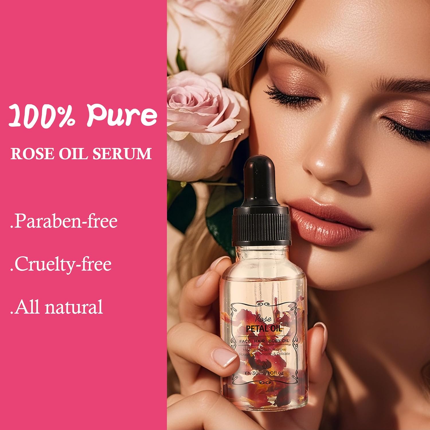 Rose Essential Oil with Flower Petal, Sunflower Seed, Olive Fruit Natural Massage Oils for Nails, Hair, Body, Face Moisturizing Skincare Oil Serum Dry Hair Strengthening Treatment All Types 30ml-FemmiqueWomen