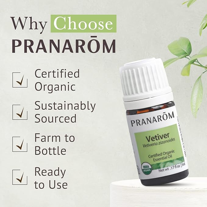 Pranarom USDA Certified Organic Vetiver Essential Oil (5ml), 100% Pure Undiluted Therapeutic Grade from Haiti & Madagascar for Aromatherapy, Diffuser, Calming, Relaxation, DIY, Massage Oil-FemmiqueWomen
