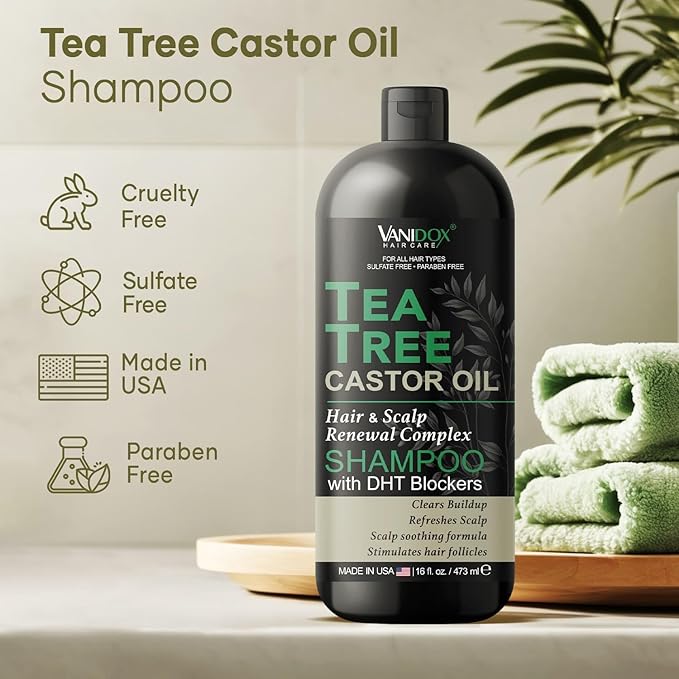 Tea Tree Oil Shampoo with Castor Oil, DHT Blockers, Itchy Scalp Relief, Supports Fuller Hair, Cleanses Dandruff & Buildup, For Men & Women, Made in USA, 16 fl oz-FemmiqueWomen