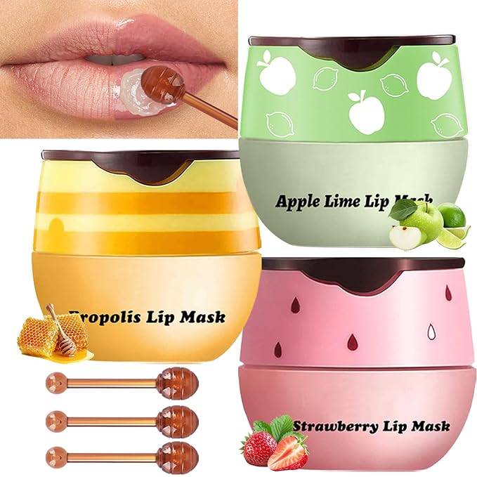 3 PCS Lip Balm Honey Pot, Honey Apple Strawberry Lip Masks Overnight, Propolis Moisturizing Lip Sleeping Mask, Prevention Dry Crack Lip Repair Nourishes the Lip Skin and Lip Wrinkle Care.-FemmiqueWomen