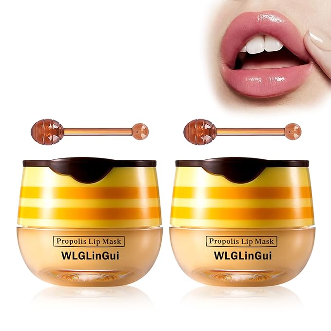 2PCS Bee Lip Balm Honey Pot,Hydrating Lip Moisturizer Cute Honey Pot Lip Balm Lip Scrubs Exfoliator with Wand,Moisturizing Exfoliating Overnight Propolis Lip Sleeping Mask for Men & Women-FemmiqueWomen