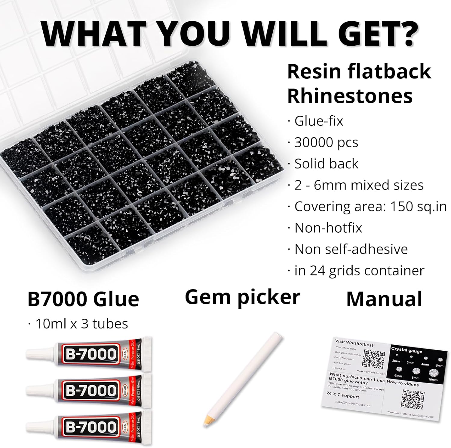 30000Pcs Resin Rhinestones for Crafting Bedazzling, Bulk Black Flatback Gems for Crafts Clothing Clothes Fabric Tumbler Sneakers, Bedazzle Flat Back Jewel Assorted Size SS6/10/16/20/30 with b7000 Glue-FemmiqueWomen