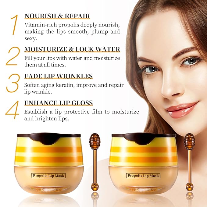 2 PCS Bee Honey Lip Balm Honey Pot, Bee Honey Lip Mask, Reduces Lip Lines, Hydrate & Moisturizing Lip Skin Care, Prevention Dry Cracked Lips, Bee Honey Lip Balm for Lip Repair Treatment-FemmiqueWomen