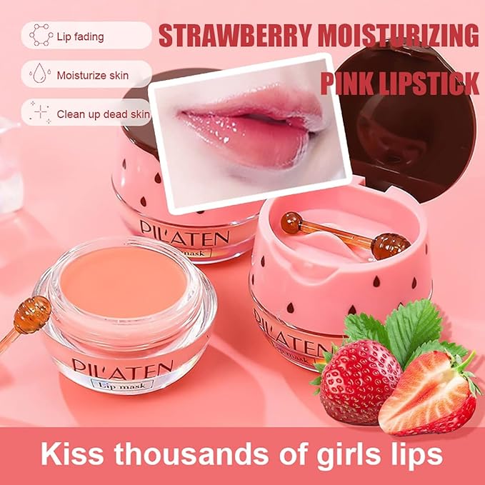 2 PCS Strawberry Lip Mask Lip Balm Honey Pot, Vitamin E & Moisturizing Propolis Sleeping Lip Mask Prevention Dry and Cracked Lip Scrubs Exfoliator (2 strawberry)-FemmiqueWomen