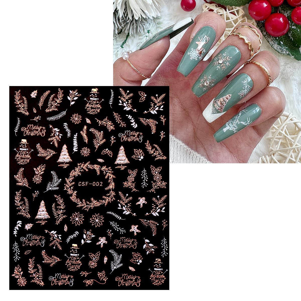 JMEOWIO 9 Sheets Christmas White Glitter Nail Art Stickers Decals Self-Adhesive Snowflake Winter Holiday Rose Gold Nail Supplies Nail Art Design Decoration Accessories-FemmiqueWomen