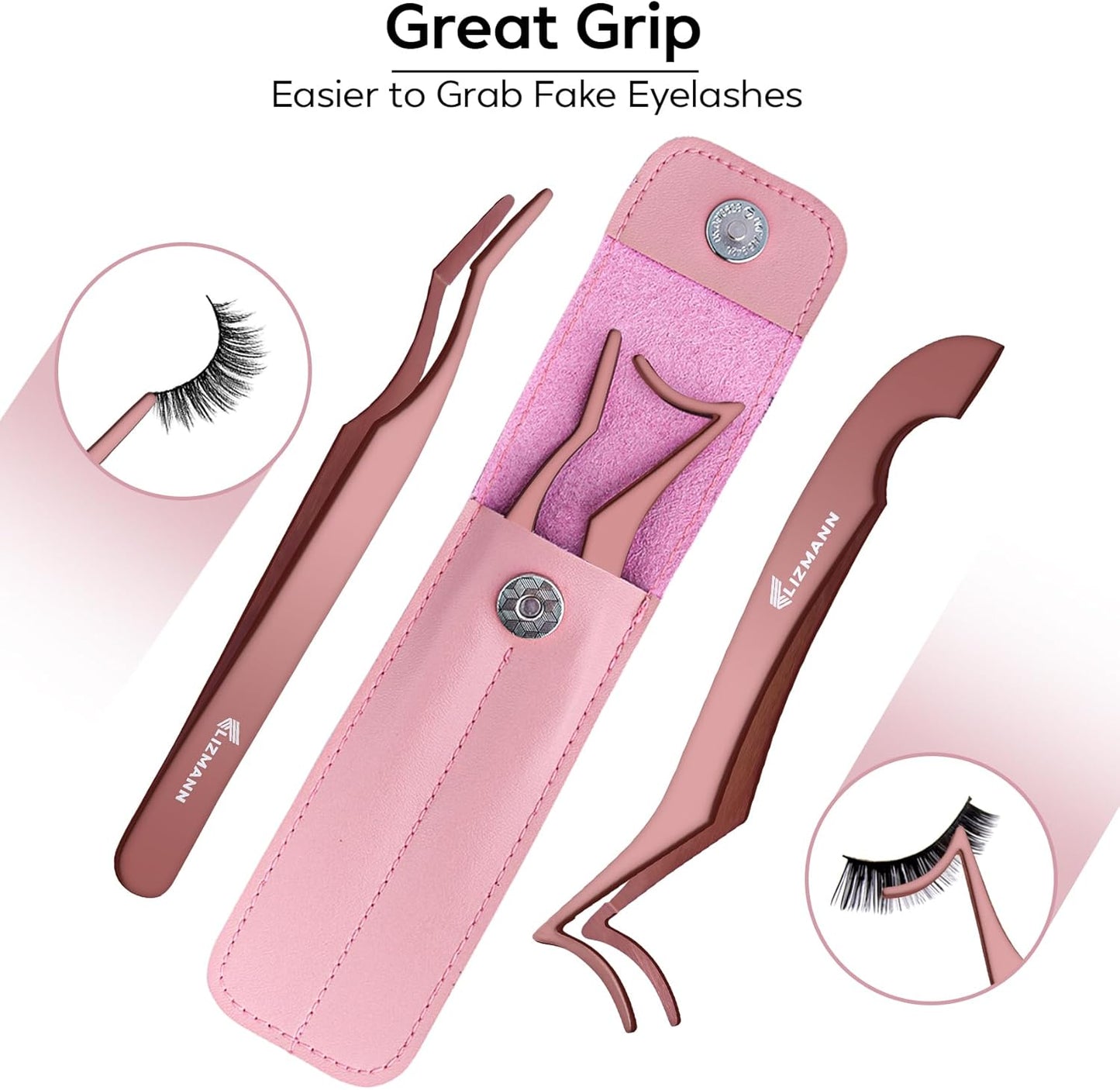 LIZMANN Eyelash Applicator Tweezers 2 PCS Tool for False Eyelash Application & Lash Extensions, Mistake-Proof Lash Placement Tweezers for Professional and DIY Use-FemmiqueWomen