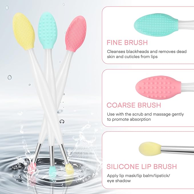 Unaone Lip Scrub Brush - 3 PCS Dual-ended Lip Scrubber Exfoliator and Silicone Lip Brush, 2-in-1 Silicone Lip Scrub Tool Lip Mask Applicator, Gentle Exfoliator & Applicator for Soft-FemmiqueWomen