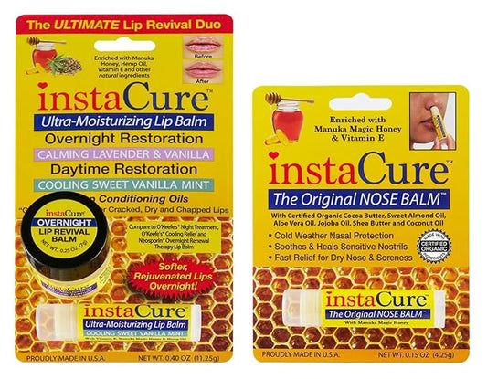InstaCure's Original Nose Balm Fast Relief for Cracked, Dry & Sore Noses! Ultra-Moisturizing Lip Repair Duo. Calming Lavender & Vanilla Overnight Lip Mask + Cooling Sweet Vanilla Mint Daytime Lip Balm-FemmiqueWomen