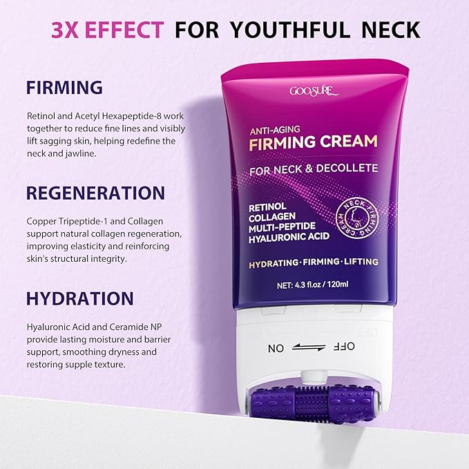 Firming Neck & Décolleté Cream with Retinol, AH-8 Hexapeptide, Collagen & Squalane – Instant Face Lift Cream for Wrinkles, Tightening & Crepey Skin – Neck Firming cream with Massage Roller – 4.3 fl oz-FemmiqueWomen