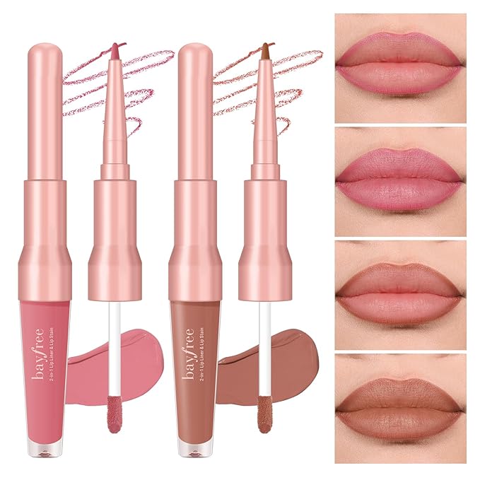 2 PCS Lip Liner and Lip Stain Combo Set, High Pigmented Long Lasting Velvet Lip Tint, Well-Defined Lipliner, Weightless Waterproof Not Animal Tested, Matte Finish Makeup-FemmiqueWomen