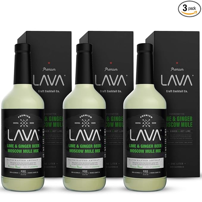 (3 Pack) LAVA Premium Spicy Moscow Mule Mix by LAVA Craft Cocktail Co., Made with Ginger Beer, Key Lime Juice, Real Ginger Puree, No Artificial Sweeteners, Ready to Use, 1-Liter (33.8oz) Glass Bottle-FemmiqueWomen