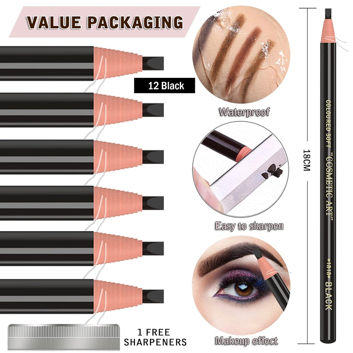 12 Piece Black Colour Waterproof Eyebrows Pencil Tattoo Makeup And Microblading Supplies Kit-Permanent Eye Brow Liners In Waterproof Eyebrow Pencils Peel - Brow Pencil Set For Marking(12 Pcs)-FemmiqueWomen
