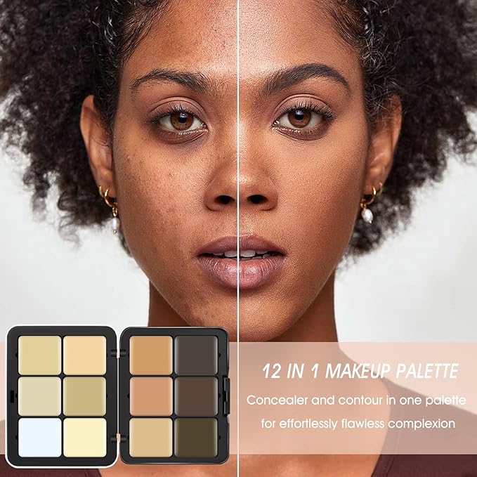 12 Colors Cream [Contour+Concealer] Makeup Palette for Cheeks - Multi-functional Makeup Palette with Brush, Natural Matte Long Wearing, Waterproof Blendable Face Makeup Palette (#03)-FemmiqueWomen