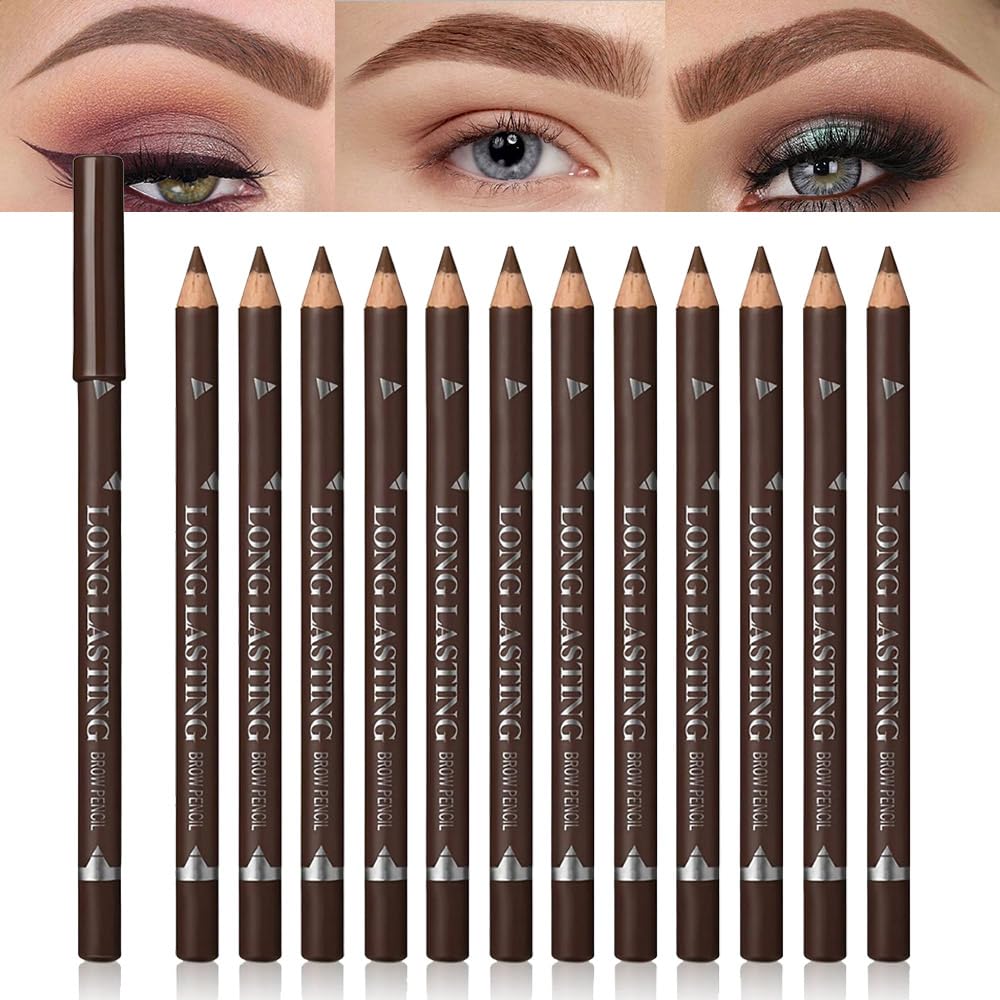 12Pcs Eyebrow Pencils for Women, Wooden Hard-Core Brown Eyebrow and Eyeliner Pencil, Long Lasting Waterproof and Sweat-Proof, Beginner Makeup Brow Pencil, Create a Natural Eye Brow Makeup-FemmiqueWomen