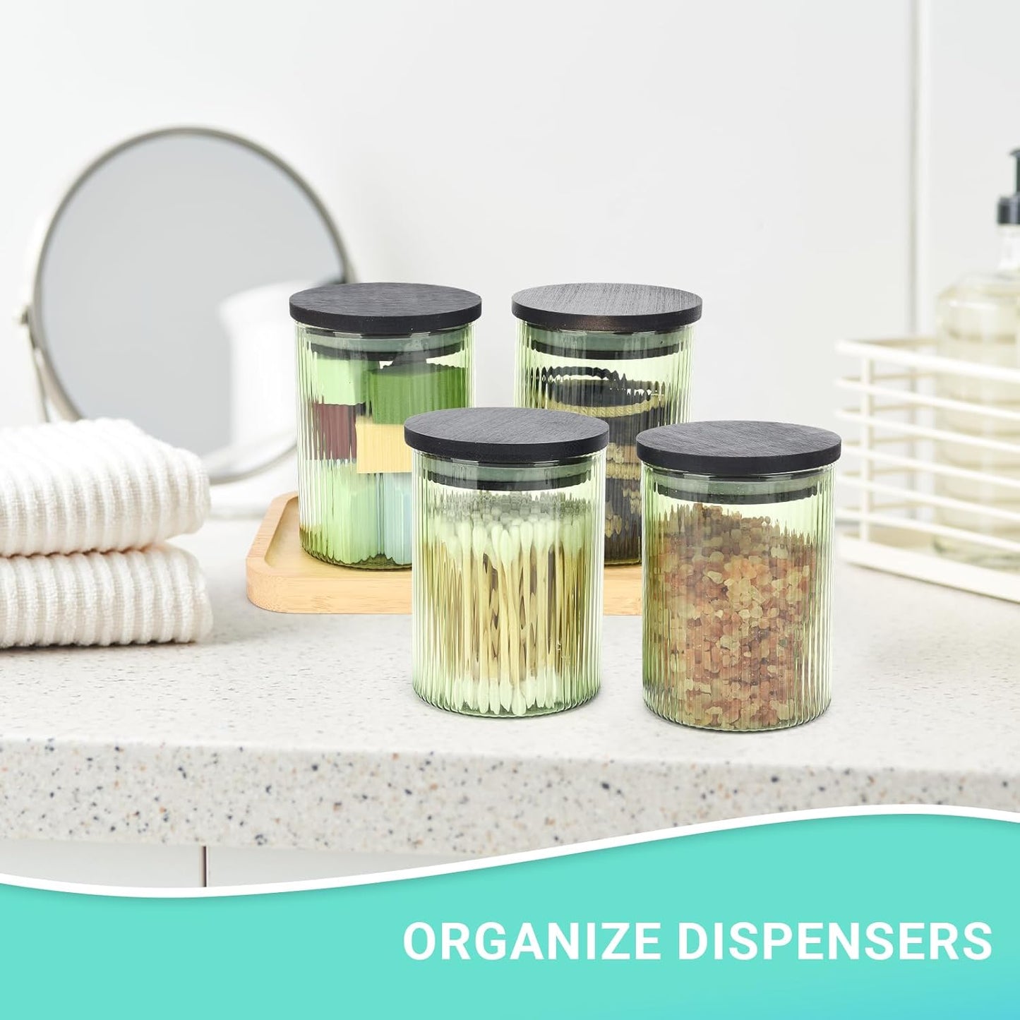 2 Pack Ribbed Glass Qtip Holder Dispenser Set - Apothecary Jars with Lids - Bathroom Canister Storage Organizer and Vanity Makeup Organizer for Cotton Ball,Swab,Round Pads,Floss-FemmiqueWomen