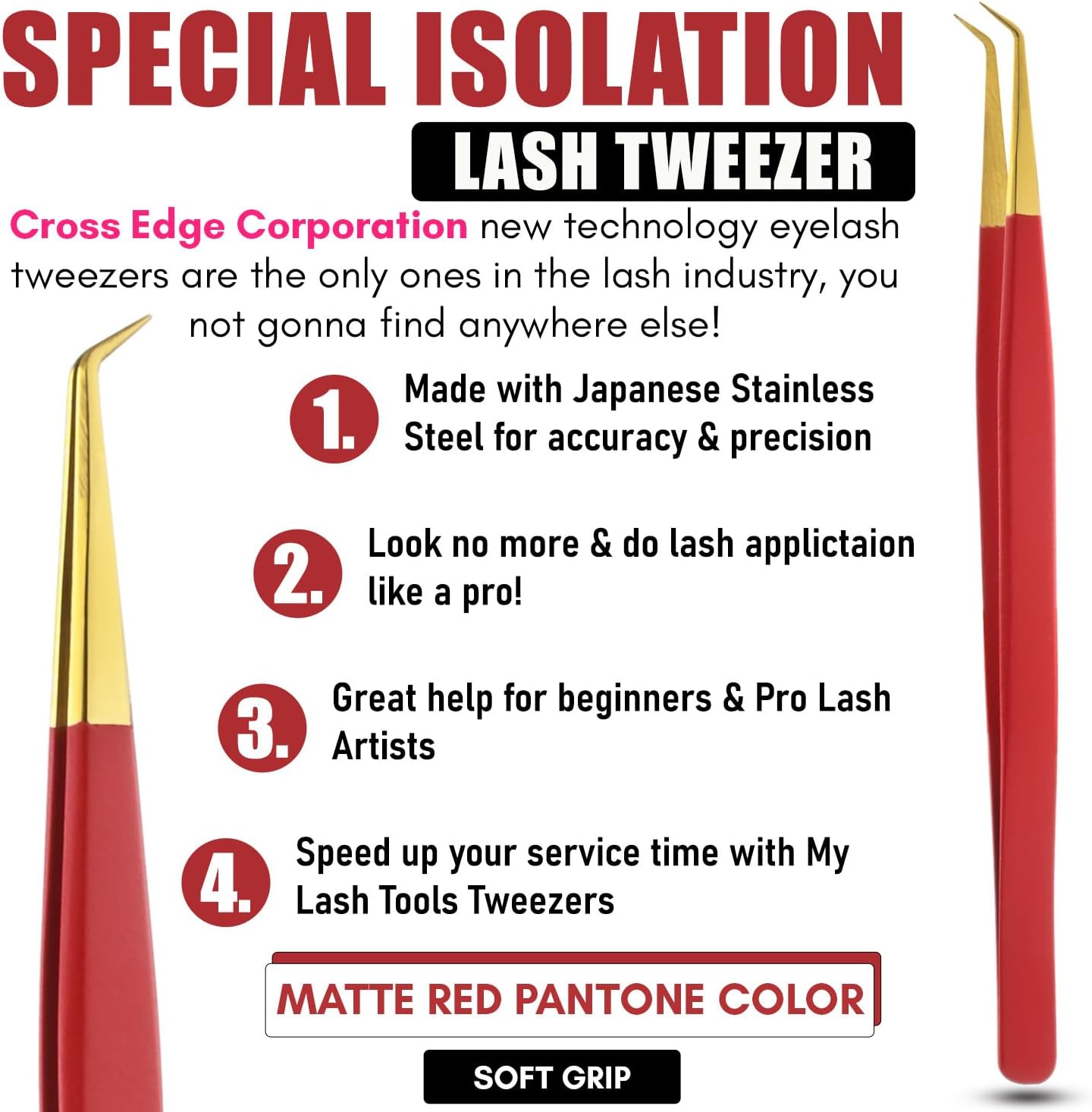 Isolation Tweezers for Eyelash Extension – 14cm Curved, Matte Red with Gold Tip, Stainless Steel, Best for Individual Isolation & Classic Lashes, Pinzas para Pestaña (Matte Red Gold Tip)-FemmiqueWomen