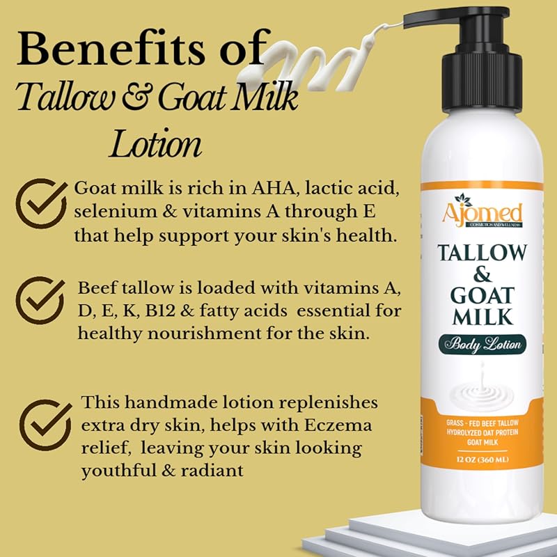 Grass Fed Beef Tallow & Goat Milk Body Lotion for Sensitive Skin, Organic Tallow Lotion - Soothes Dry Patches, Goat Milk Moisturizer - Handmade Tallow Body Lotion (Oatmeal & Honey, 8 Oz)-FemmiqueWomen