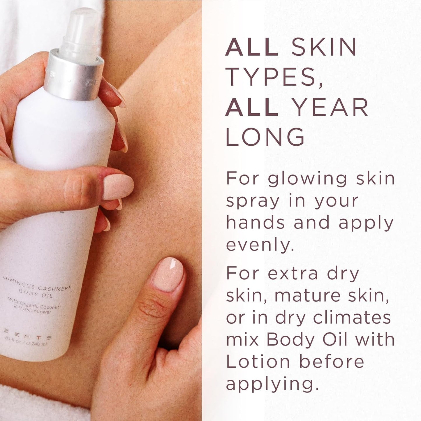 Zents Luminous Cashmere Body Oil (Ore Fragrance) | Moisturizing Body Oil with Vitamin E & Organic Coconut Oil | Softens & Smooths Skin | 8 fl oz-FemmiqueWomen