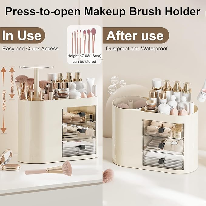 DASITON Makeup Organizer with 3 Drawers,Automatic Lifting Makeup Brush Holder with Lid,Large Capacity Makeup Organizers for Vanity,Bathroom Countertop,Ideal Storage Skin Care,Brushes,Lipstick (Cream)-FemmiqueWomen