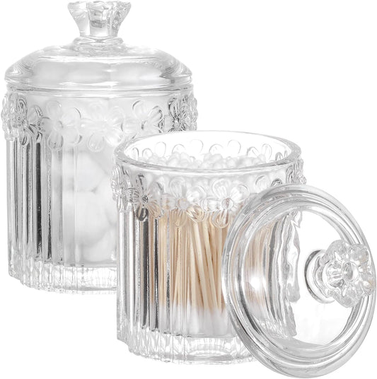 2 Pack Qtip Holder Glass Apothecary Jars with Lids Bathroom Accessories Vanity Organizers and Makeup Storage Canister for Cotton Swabs, Balls, Pads, Floss Picks, Candy, Clear-FemmiqueWomen