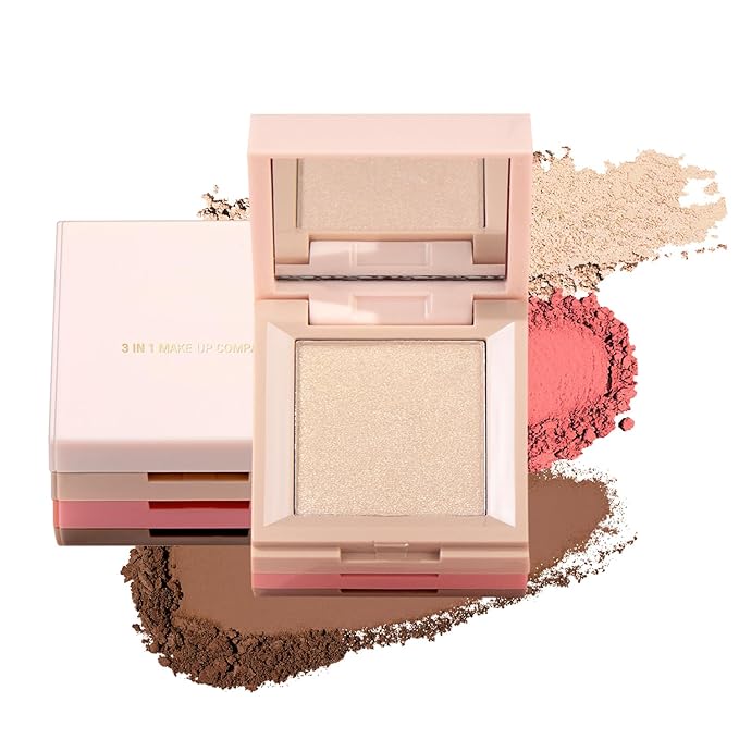 3 in 1 Contour Highlighter Blush Makeup Palette, Shimmer Matte 3 Colors Pigmented Brighten Highlighting Bronzer Blusher Eyeshadow Pallet, Long Lasting Shaping Full Face Eyes Makeup kit with Mirror-FemmiqueWomen