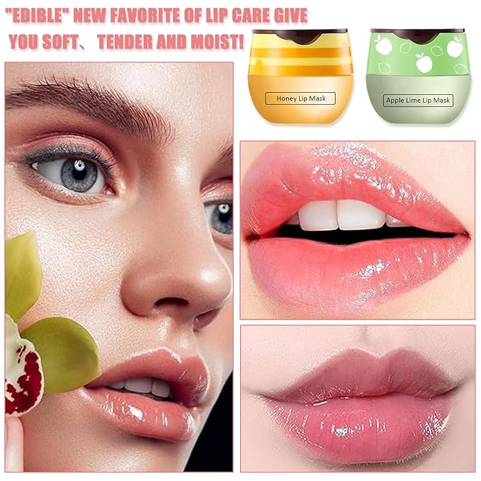 3 Pcs Bee Lip Balm Honey Pot,Strawberry&Honey&Apple Lime Lip Sleeping Mask Hydrating Prevention Dry and Cracked Lip Scrubs Exfoliator Lip Care,Lip Mask Overnight Reduces Lip Lines-FemmiqueWomen