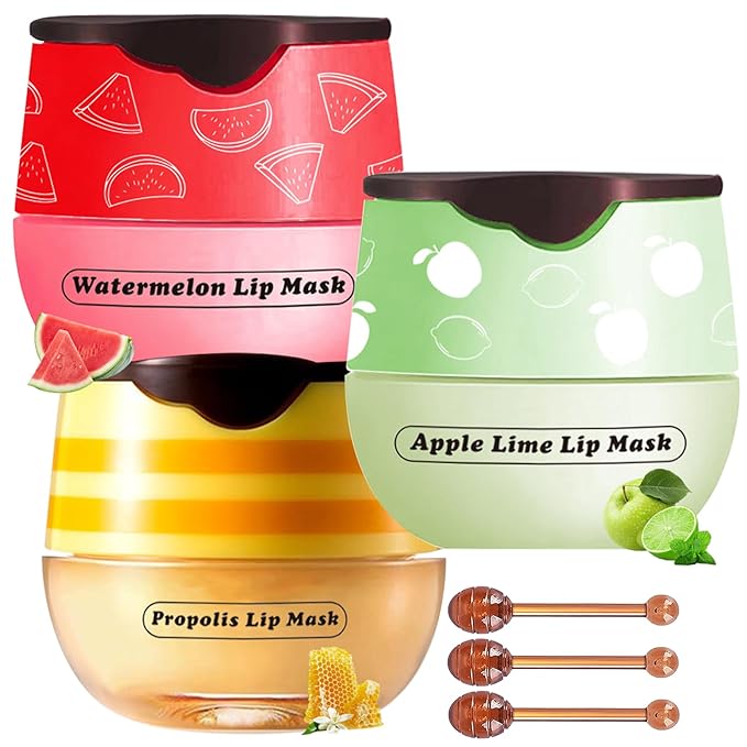 3 PCS Lip Balm Honey Pot, Honey & Apple Lime & Watermelem Lip Mask Vitamin E & Moisturizing Propolis Sleeping Lip Mask Prevention Dry and Cracked Lip Scrubs Exfoliator, Christmas Gifts-FemmiqueWomen