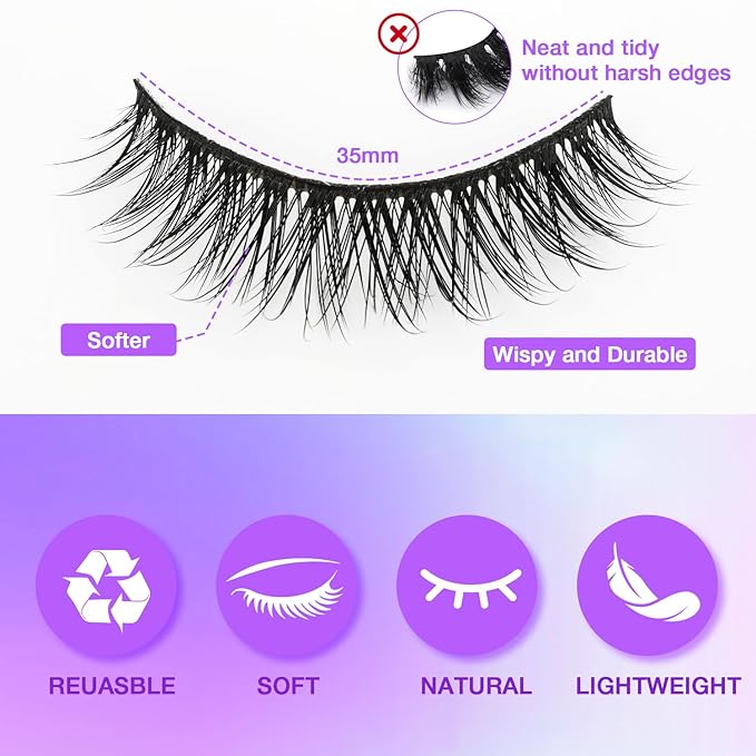Wispy False Eyelashes Kit With Bond, Seal and Tweezer, 7 Pairs Natural Look Fake Cat Eye Lashes Strips Thin Band Extensions Waterproof Easy Eyelashes for Beginners RQ01-FemmiqueWomen