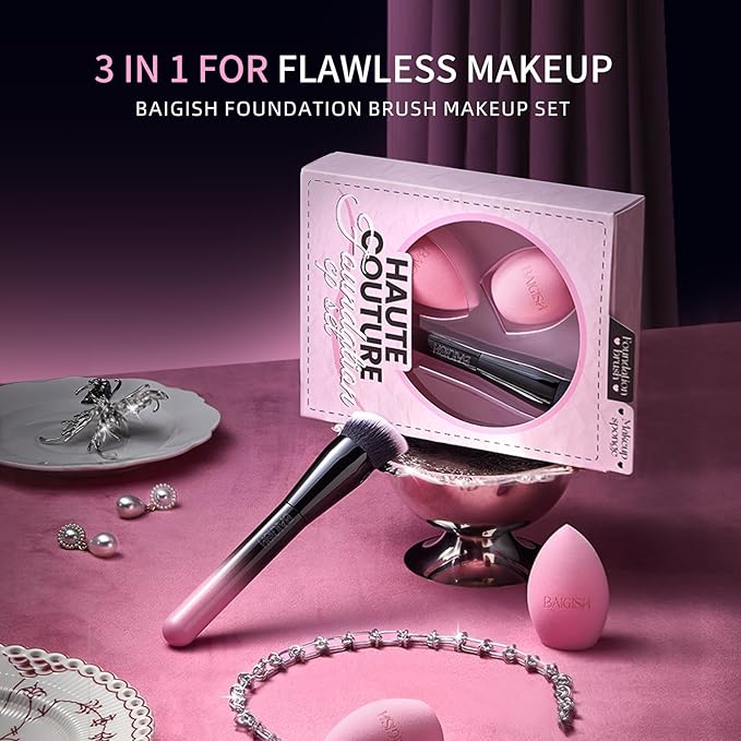 Makeup Brush Set, Flat Top Kabuki Brush Premium Foundation Brush for Liquid, Cream, and Powder with 2 Makeup Sponge for Foundation, Powder, Blush, and Concealer-FemmiqueWomen