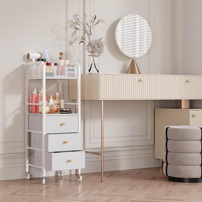 HapiRm Rolling Makeup Cart Organizer - Floor Skincare Make Up Storage with 3 Drawers, Vanity Organizer Cosmetic Display Cases Holder for Skin Care Perfume Nail Polish Brush Hair Tool, White-FemmiqueWomen