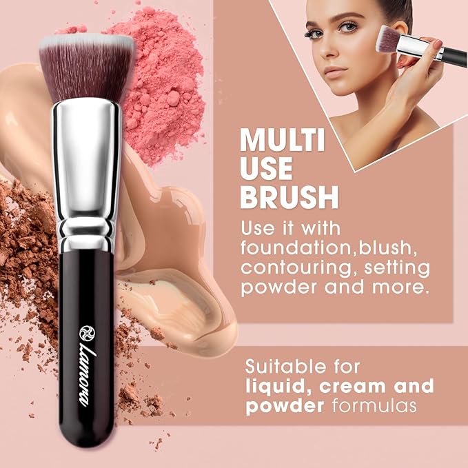 LAMORA Foundation Brush for Liquid Makeup - Kabuki Face Brush for Cream, Powder, Blush, and Concealer - Flat Top Blending, Buffing, Stippling Brush-FemmiqueWomen