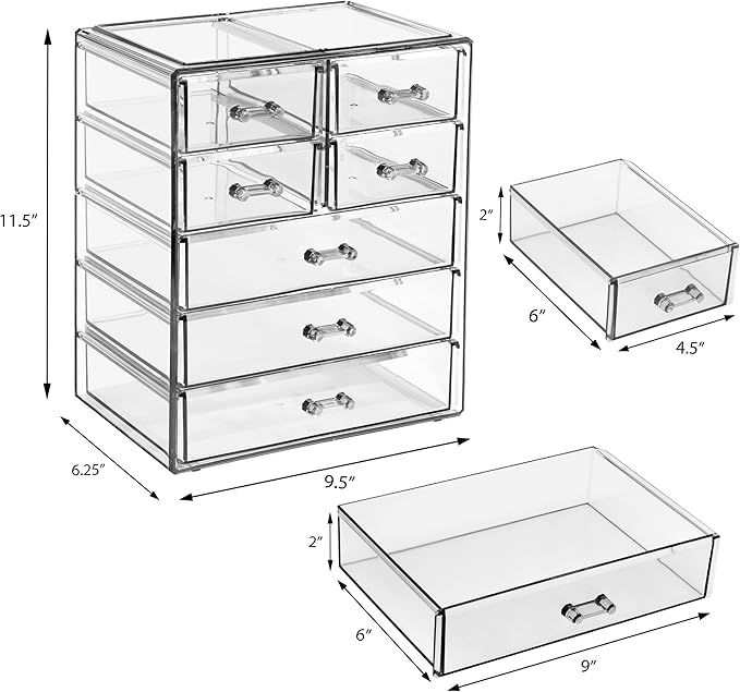 Sorbus Acrylic Makeup Organizer - Organization and Storage Case for Cosmetics Make Up & Jewelry - Big Clear Makeup Organizer for Vanity, Bathroom, College Dorm, Closet, Desk (3 Large, 4 Small Drawers)-FemmiqueWomen