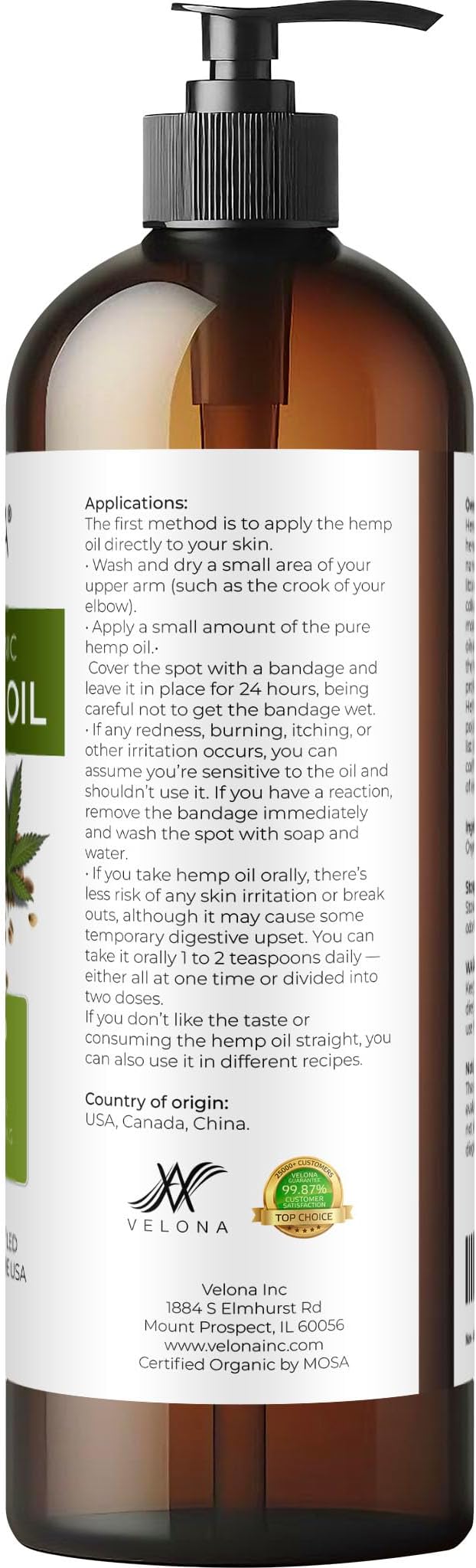 velona Hemp Seed Oil USDA Certified Organic - 16 Fl Oz | 100% Pure and Natural Carrier Oil | Unrefined, Cold Pressed | Hair, Body, Face & Skin Care-FemmiqueWomen