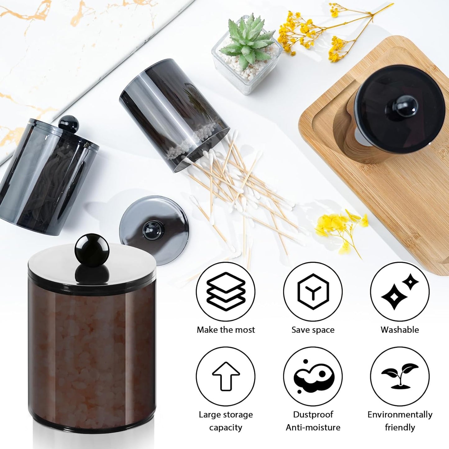 2 Pack Qtip Holder,Canister Apothecary Jar Set, Bathroom Jars with Lids Set for Cotton Swabs, Balls, Pads, Floss Picks,10oz-12oz Plastic Canisters Restroom Bedroom Vanity Organizer(Black)-FemmiqueWomen